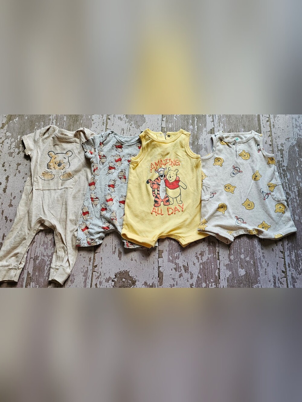 6/9 Months Disney Baby Cream and Black Winnie the Pooh Infant Romper Bundle